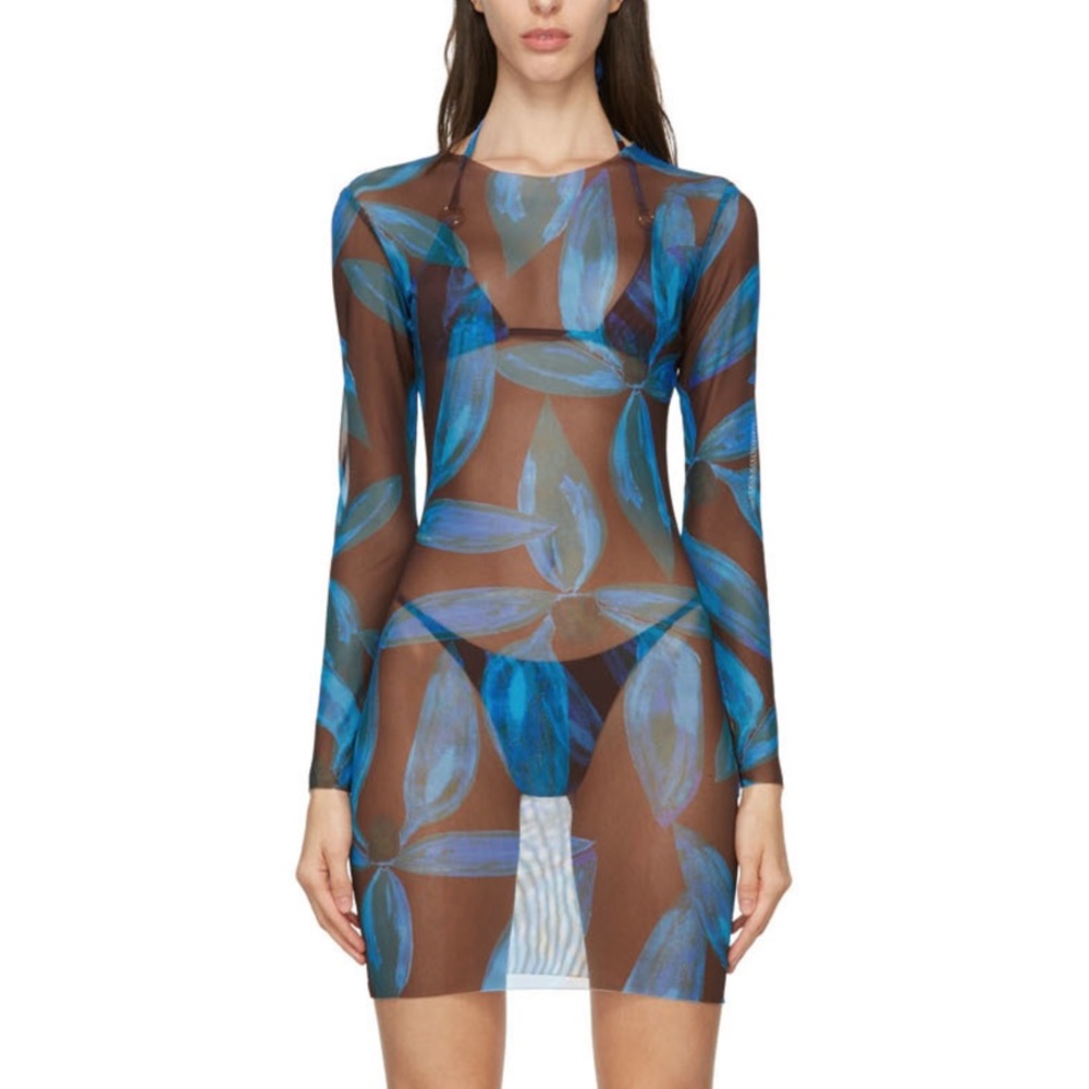 Louisa Ballou Blue and Brown Sheer Mini Dress